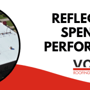 Vodika Roofing & Maintenance image with the text "Reflect More. Spend Less. Perform Better." promoting TPO energy efficiency.